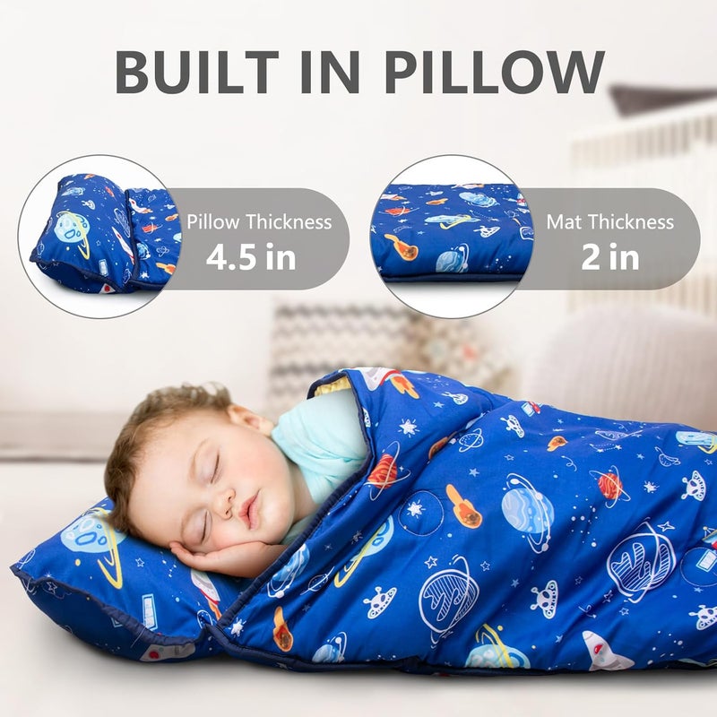 PRIMLECT Thickened Toddler Nap Mat with Removable Pillow and Minky Blanket, Extra Large 55''x35'' Sleeping Bag, Washable, Roll up, Perfect for Daycare, Preschool, Kindergarten, Boys and Girls (Space) - Image 4